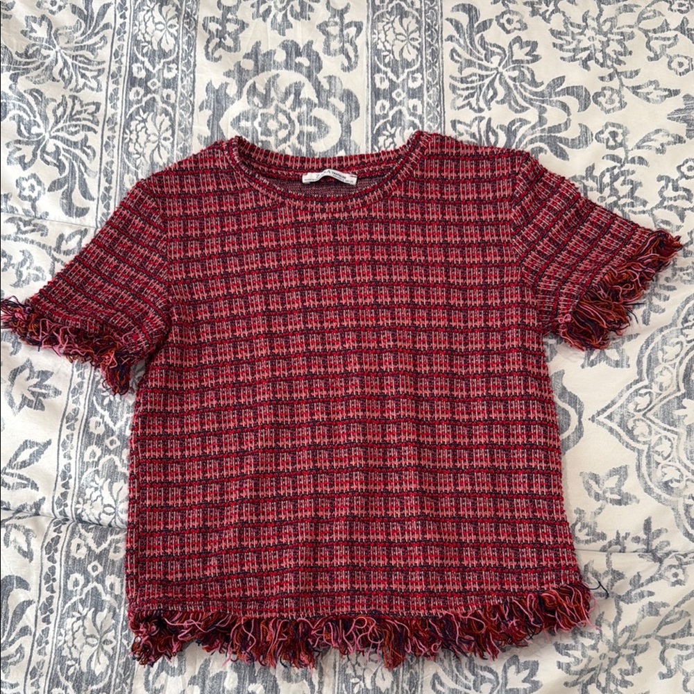 Red and Black Textured Short Sleeve Top from Zara